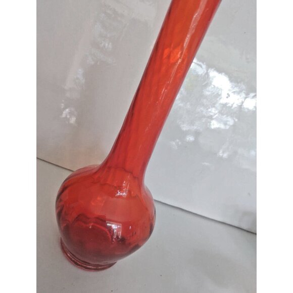 Vintage Murano Art Glass Long Stem Vase Orange Swirl 12" Tall - Picture 4 of 11
